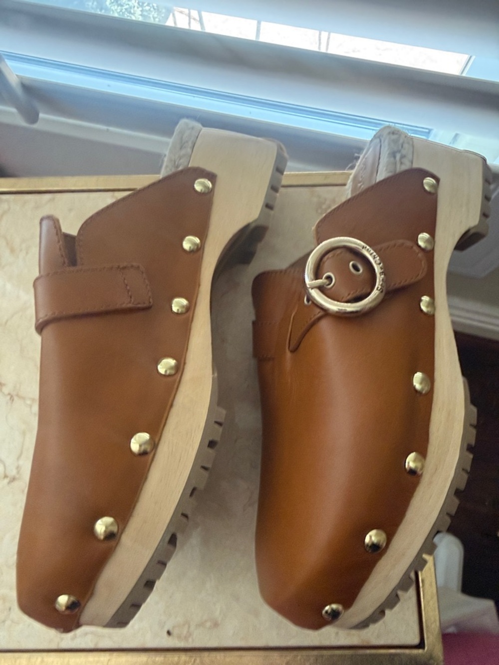 See By Chloe Cognac Leather Slip-On Mule Clogs with Buckle